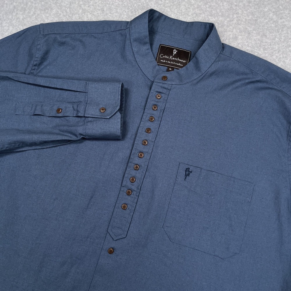 Celtic Ranchwear Grandfather Shirt Mens XL Blue Cotton Linen Irish Band Collar